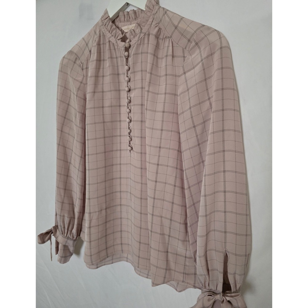Rebecca Taylor Silk Sheer Blouse XS Sz 0 Soft Pink Plaid Tie Cuff Button Front